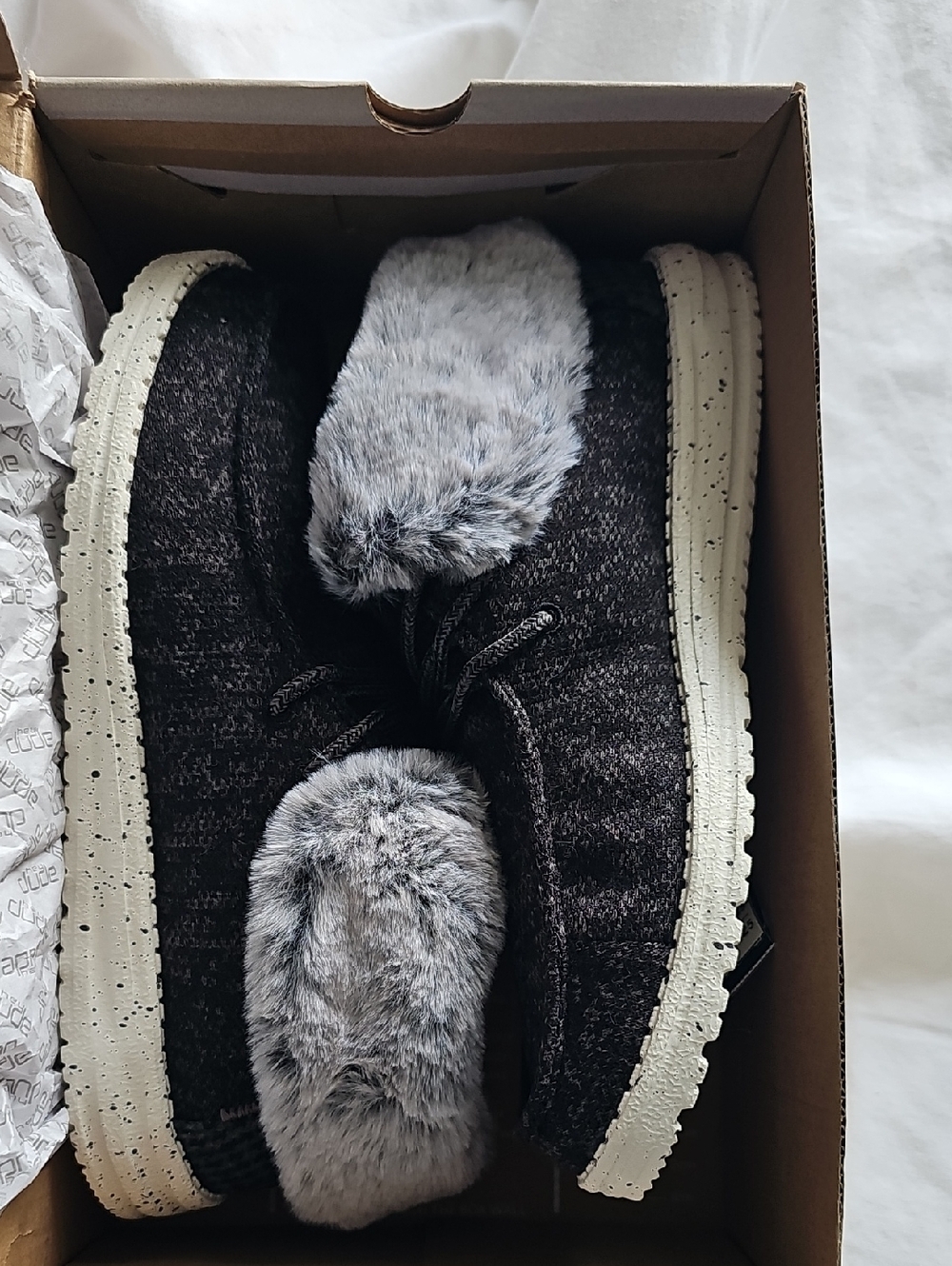 Hey Dude Women's Dark Brown Knit Ankle Booties with Gray Faux Fur Collar